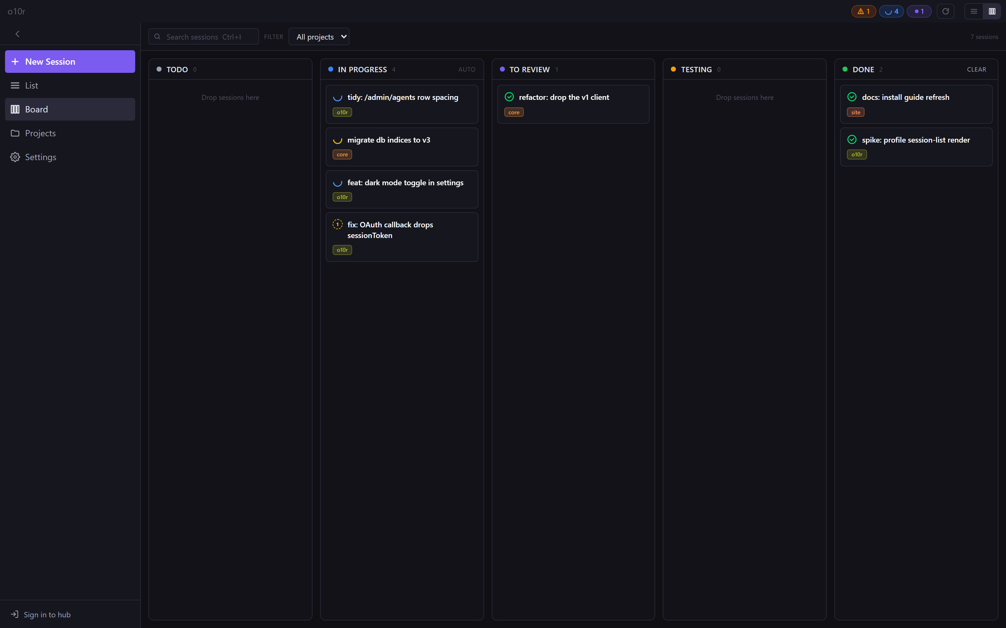 o10r board view: seven Claude Code sessions arranged across To-do, In Progress, To Review, Testing, and Done lanes